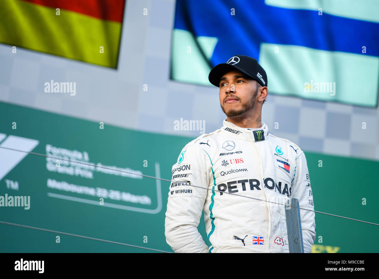 Albert Park, Melbourne, Australia. 25th Mar, 2018. Lewis Hamilton (GBR) #44 from the Mercedes AMG Petronas Motorsport team waits for an interview. He came second in the 2018 Australian Formula One Grand Prix at Albert Park, Melbourne, Australia. Sydney Low/Cal Sport Media/Alamy Live News Stock Photo