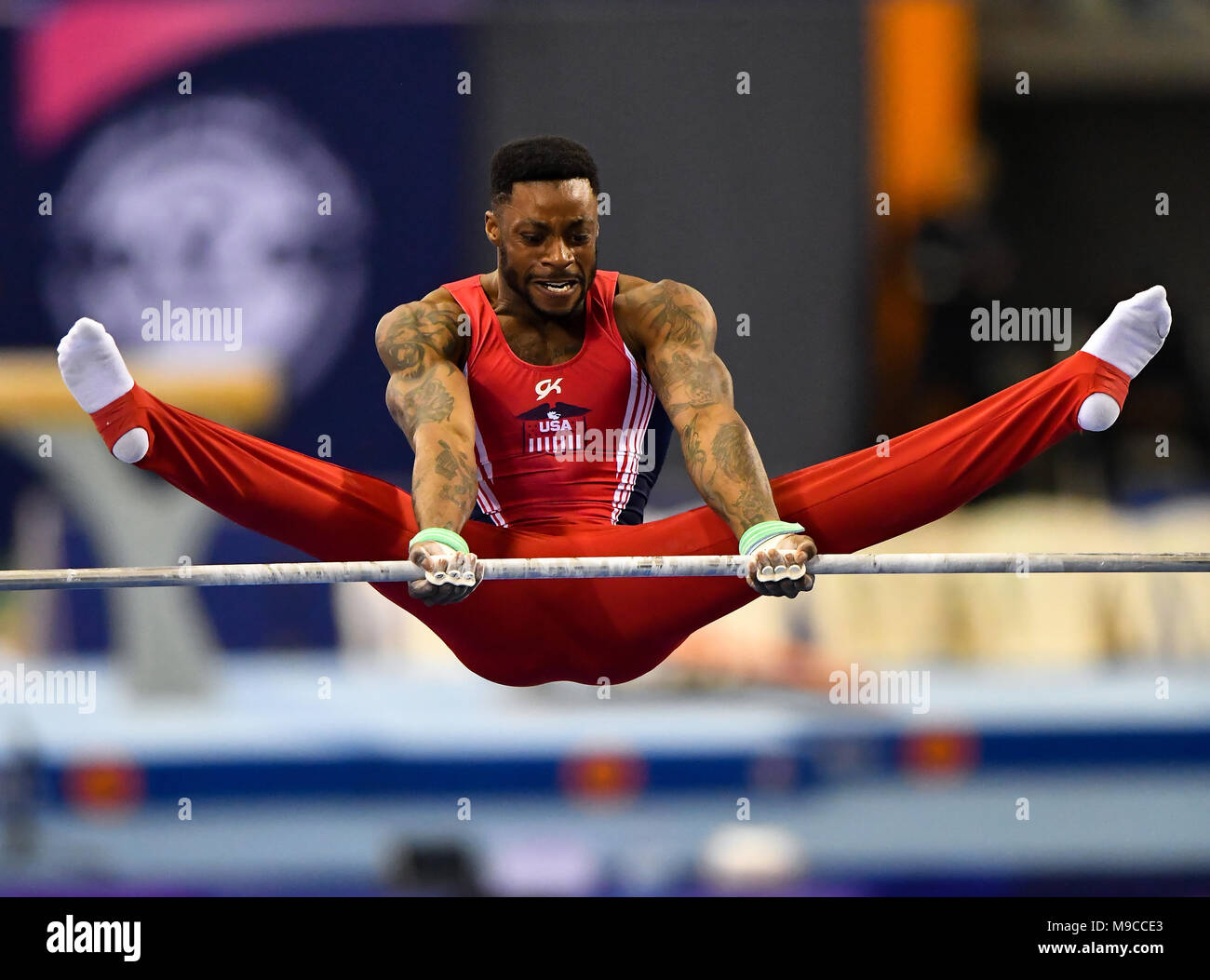Doha, Capital of Qatar. 24th Mar, 2018. Marvin Kimble of the United States competes during the Men's Horizontal Bar final at the 11th FIG Artistic Gymnastics Individual Apparatus World Cup in Doha, Capital of Qatar, on March 24, 2018. Marvin Kimble took the silver with 14.533 points. Credit: Nikku/Xinhua/Alamy Live News Stock Photo