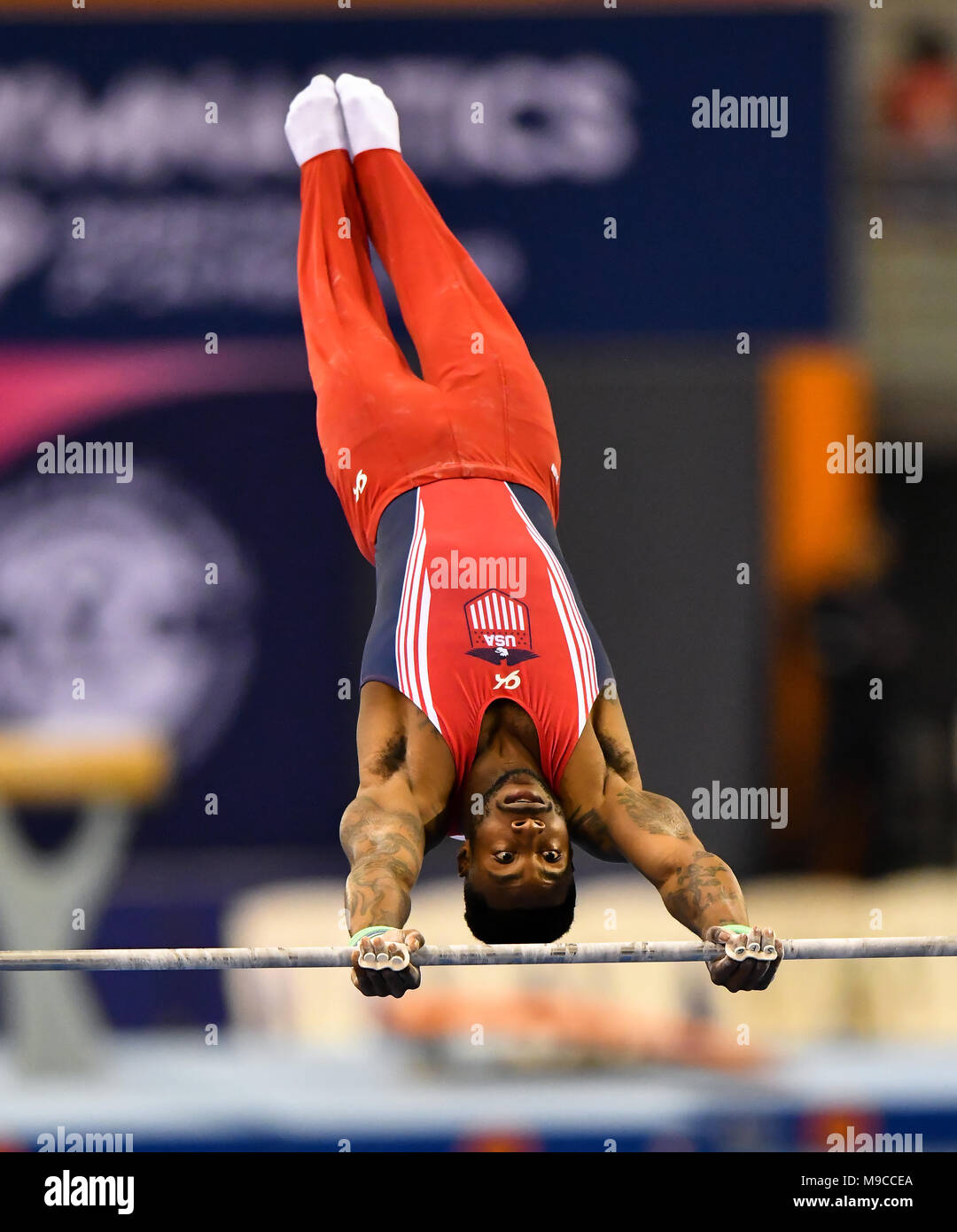 Doha, Capital of Qatar. 24th Mar, 2018. Marvin Kimble of the United States competes during the Men's Horizontal Bar final at the 11th FIG Artistic Gymnastics Individual Apparatus World Cup in Doha, Capital of Qatar, on March 24, 2018. Marvin Kimble took the silver with 14.533 points. Credit: Nikku/Xinhua/Alamy Live News Stock Photo