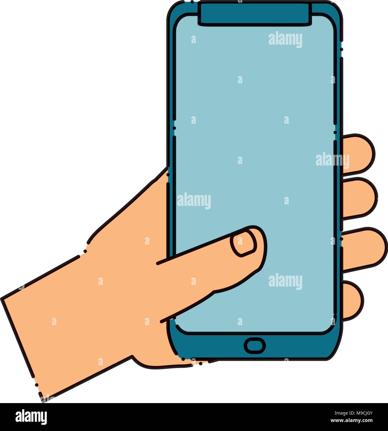 hand holding a smartphone device icon over white background, colorful ...