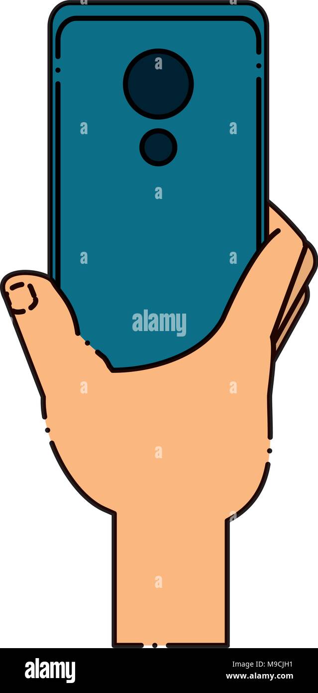 hand holding a smartphone device icon over white background, colorful ...