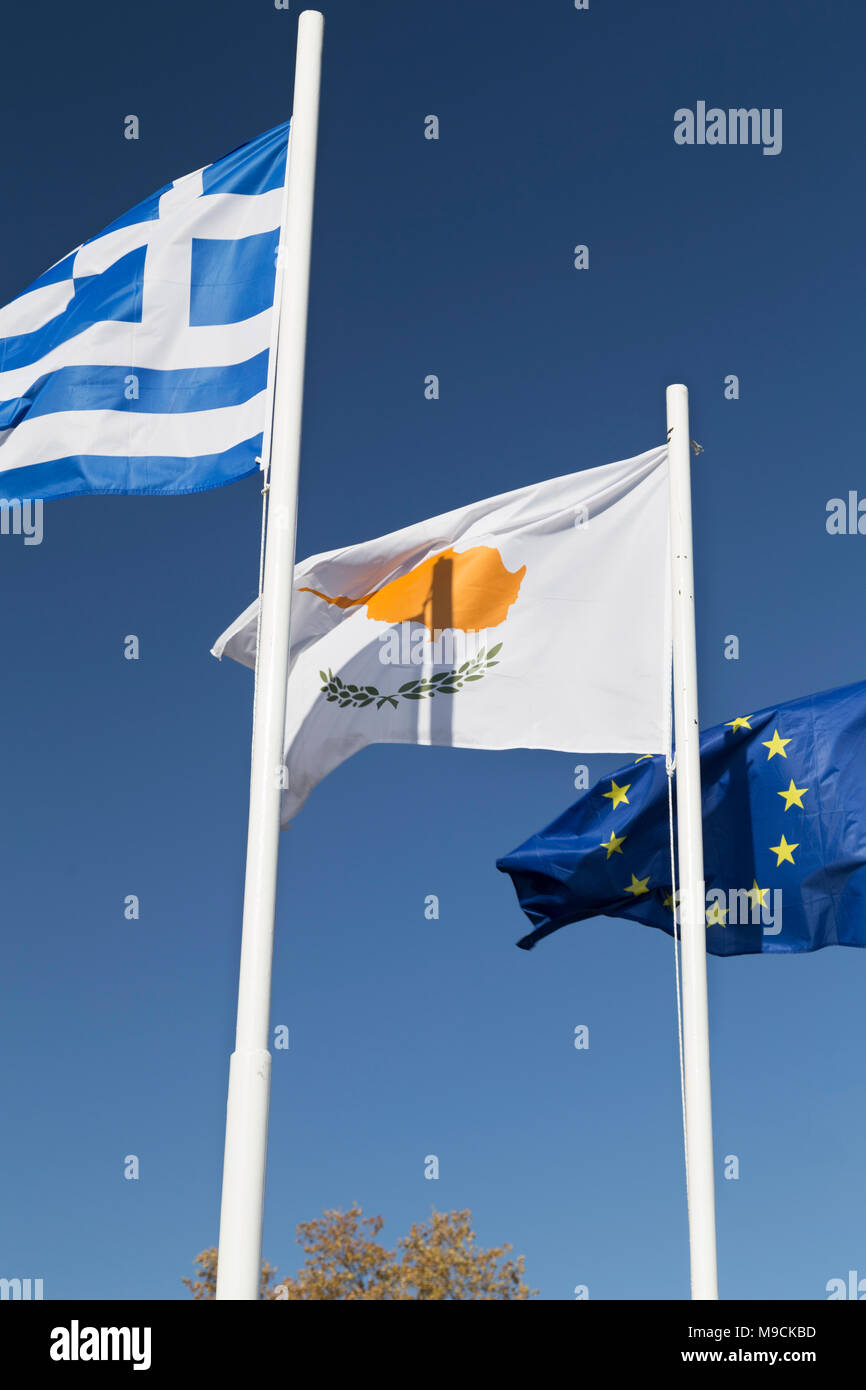 The flags of Greece, Cypus, and the European Union. Stock Photo