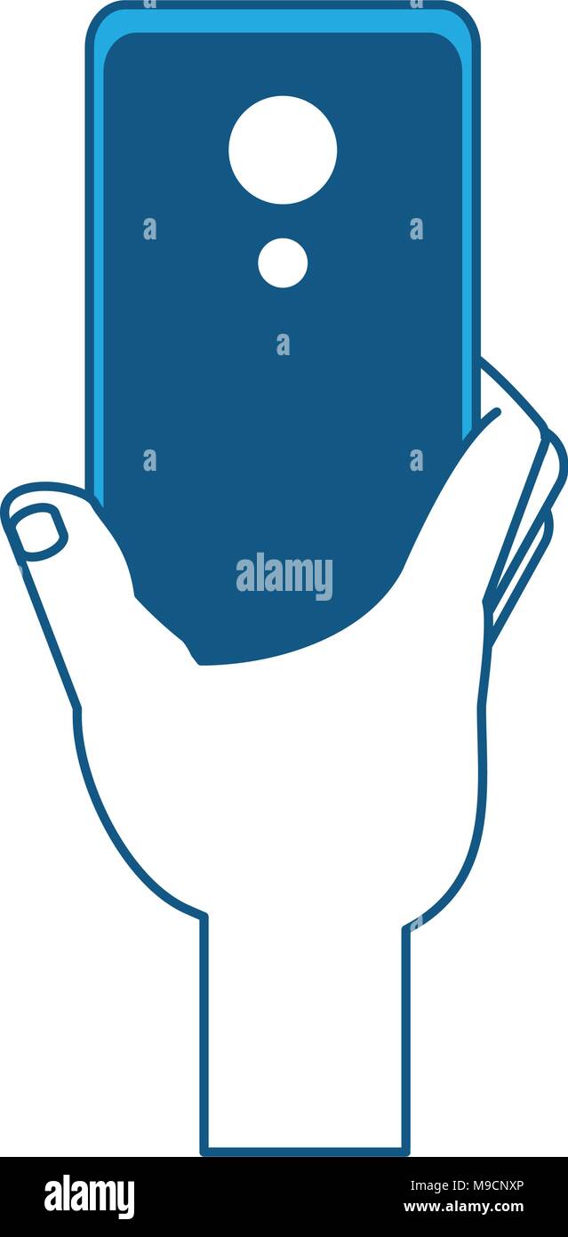 hand holding a smartphone device icon over white background, blue ...