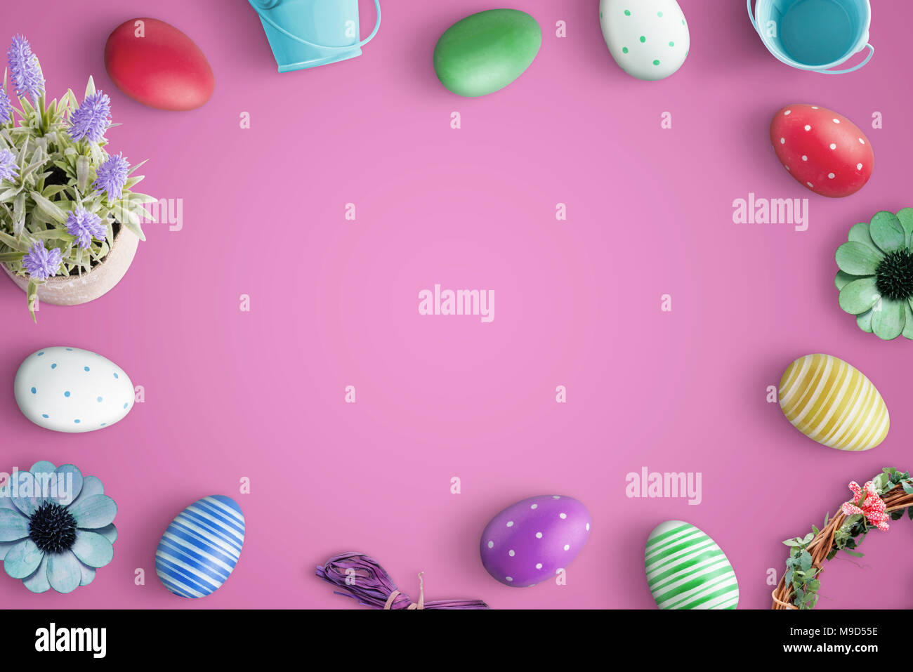 Top view of Happy Easter composition with flat lay colorful eggs and ...