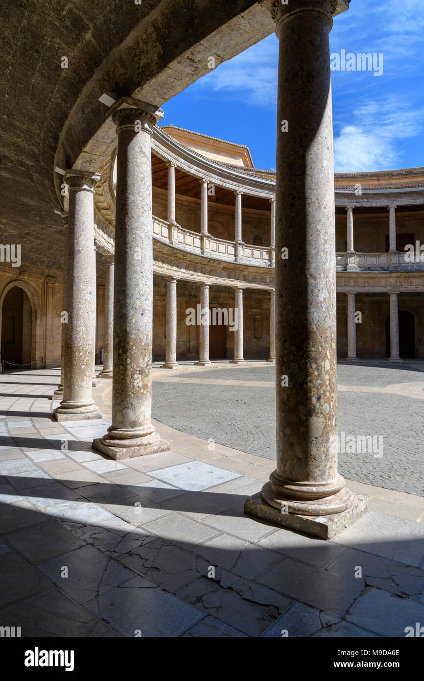 Circular courtyard of the Palace of Charles V (Palacio de Carlos V - La Alhambra). Stock Photo