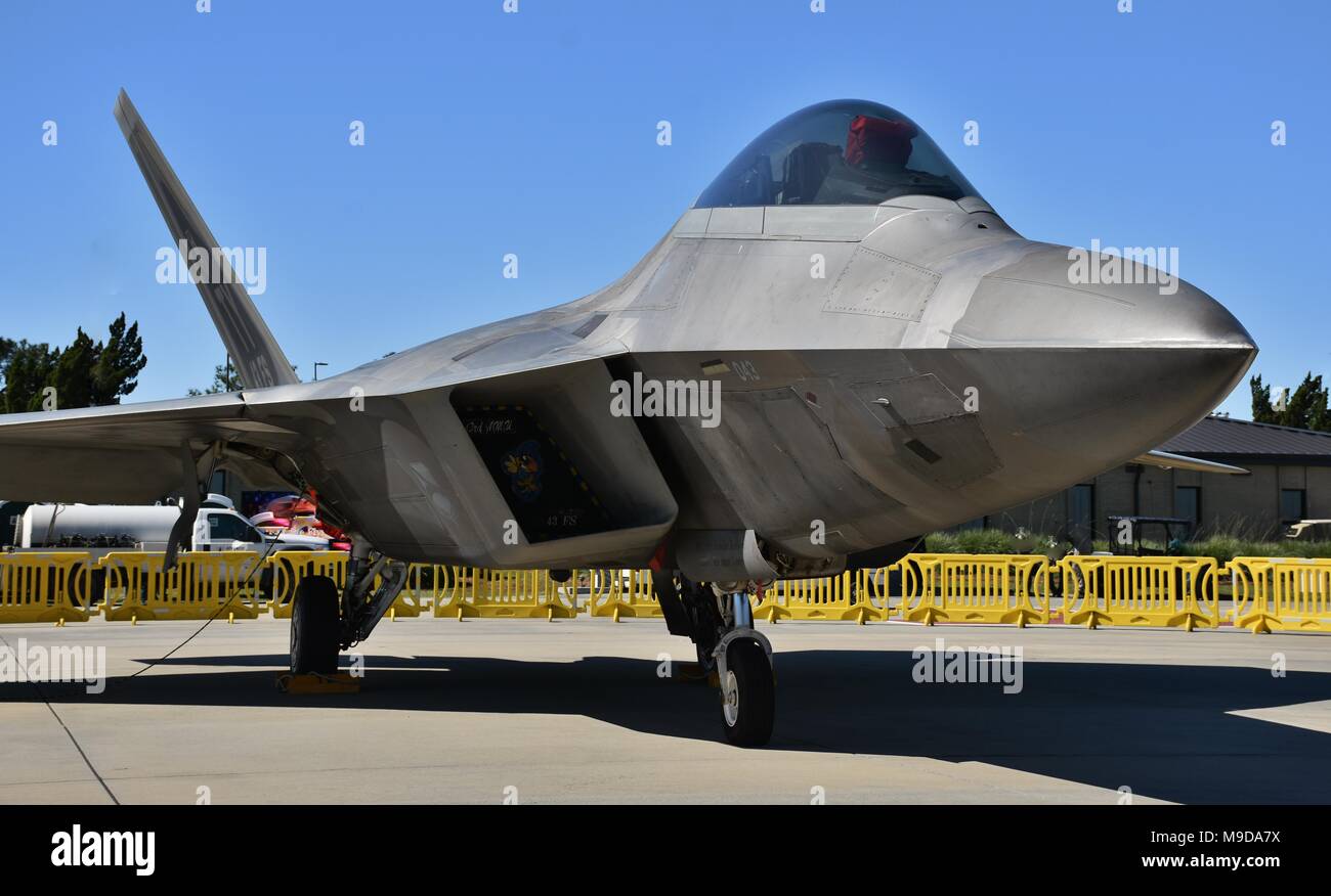 An Air Force F-22 Raptor on the runway at Moody Air Force Base. This F-22 belongs to the 325th Fighter Wing. Stock Photo