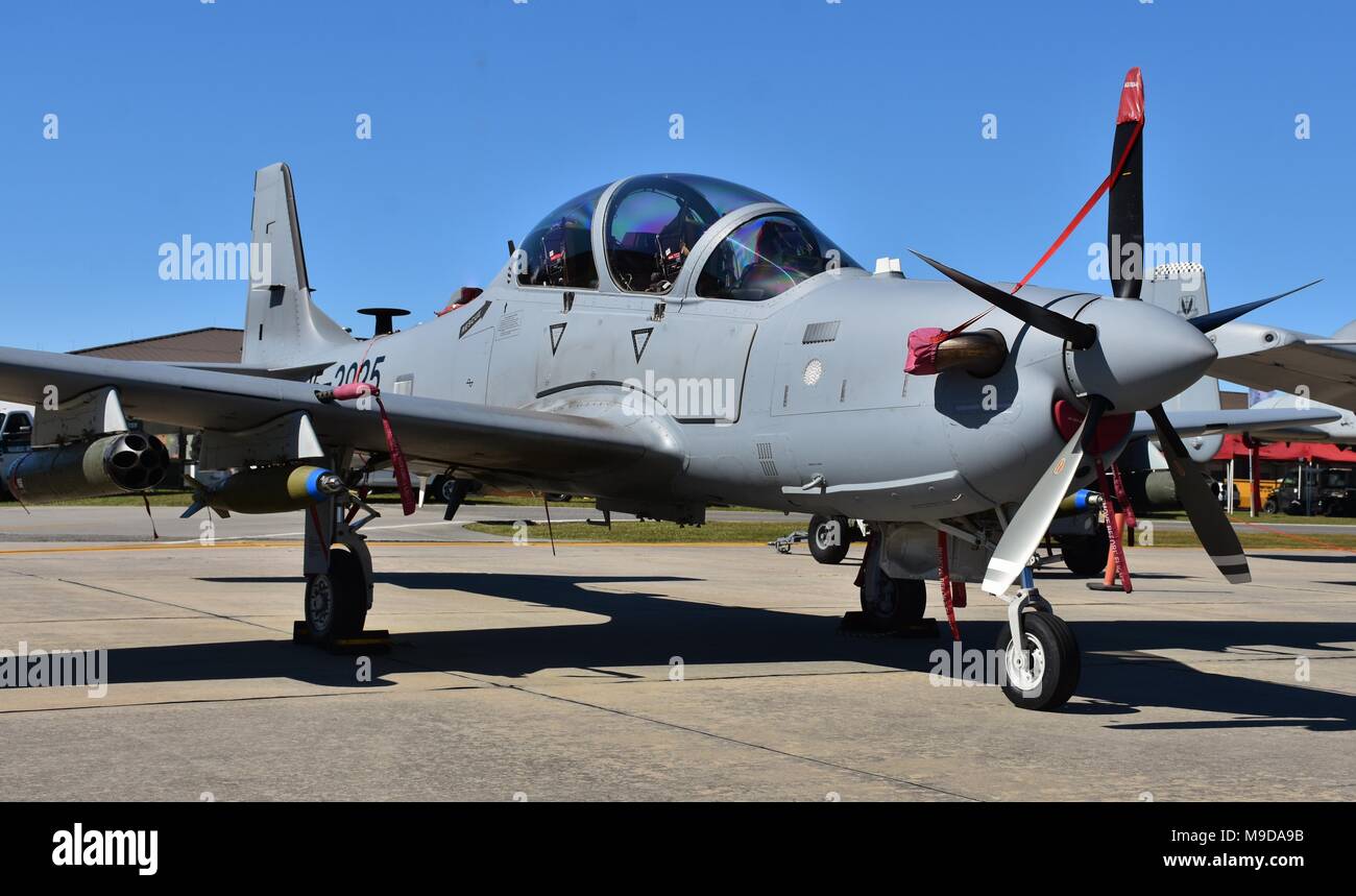 The Embraer A-29 Super Tucano is a turboprop light attack aircraft used for counter-insurgency, close air support, and aerial reconnaissance. Stock Photo