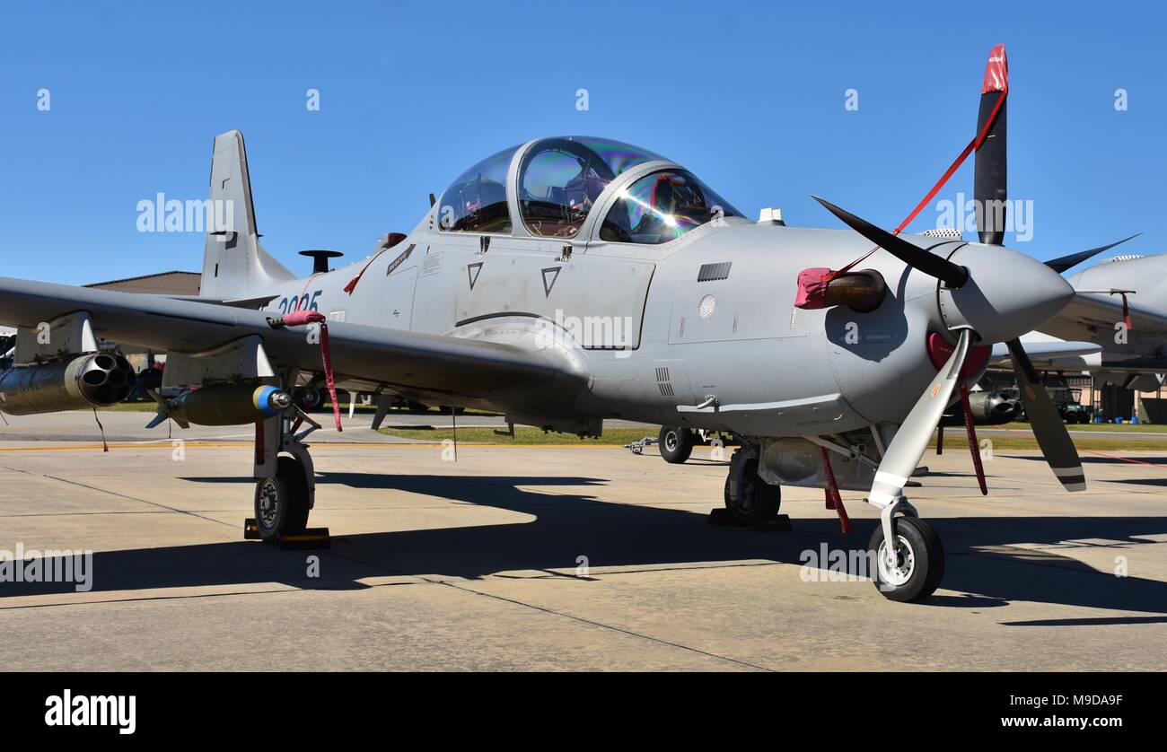 The Embraer A-29 Super Tucano is a turboprop light attack aircraft used for counter-insurgency, close air support, and aerial reconnaissance. Stock Photo