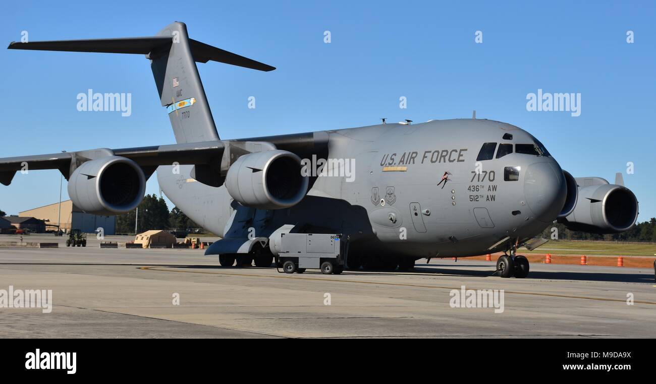 A U.S. Air Force C-17 Globemaster III cargo plane at Moody Air Force Base. This C-17 belongs to the 436th Airlift Wing from Dover Air Force Base Stock Photo