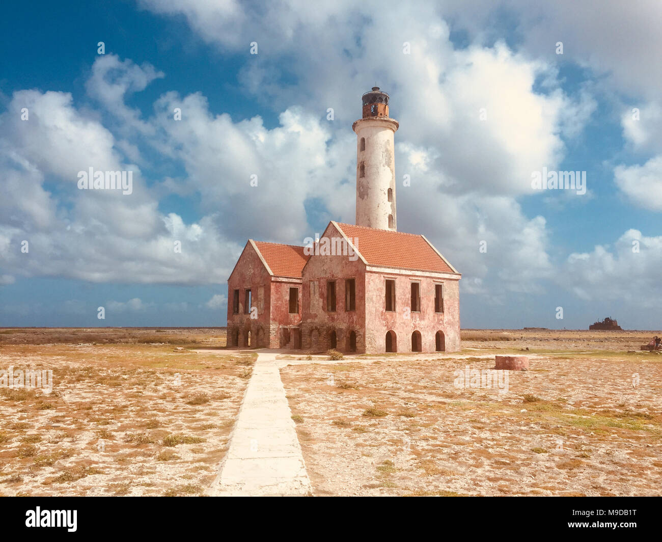 Beautiful landscape, blue sky and old lighthouse tower  on Klein Curacao Island Stock Photo