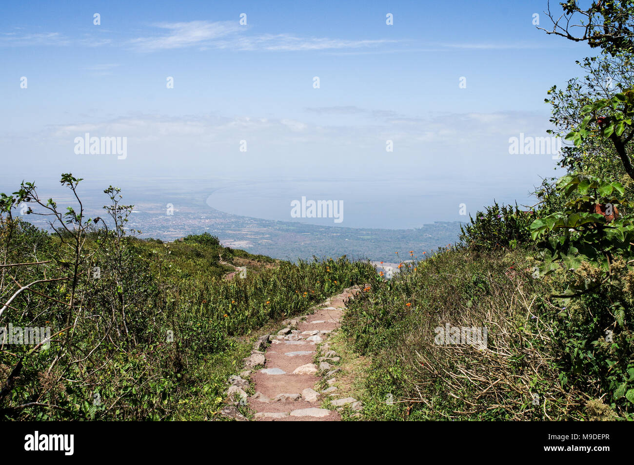 Beautiful views from the top of Mombacho volcano, with the Islets of Granada and lake Nicaragua visible in the distance - Nicaragua, Central America Stock Photo