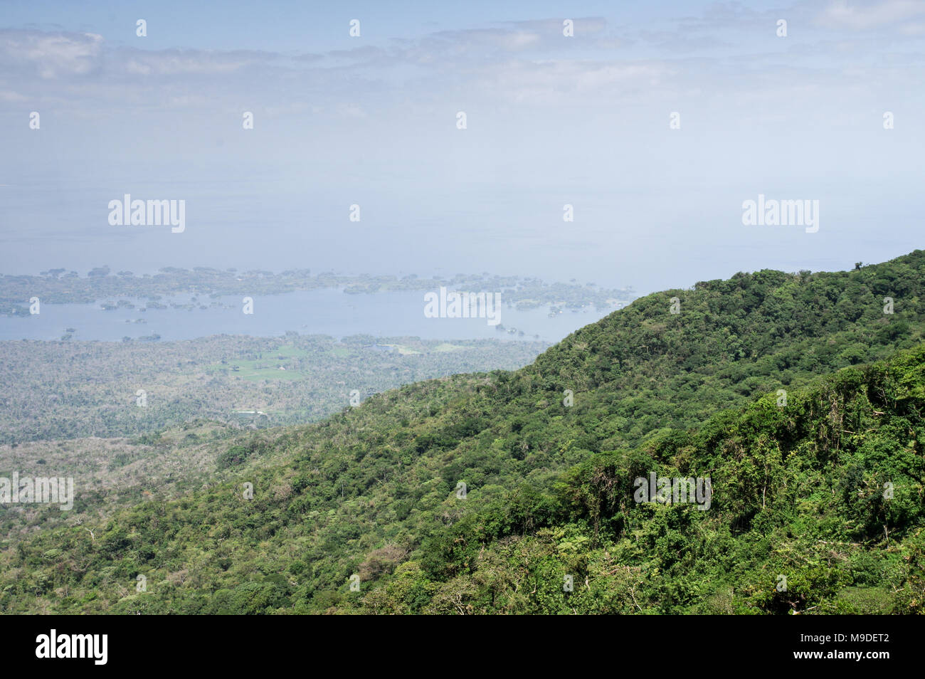 Beautiful views from the top of Mombacho volcano, with the Islets of Granada and lake Nicaragua visible in the distance - Nicaragua, Central America Stock Photo