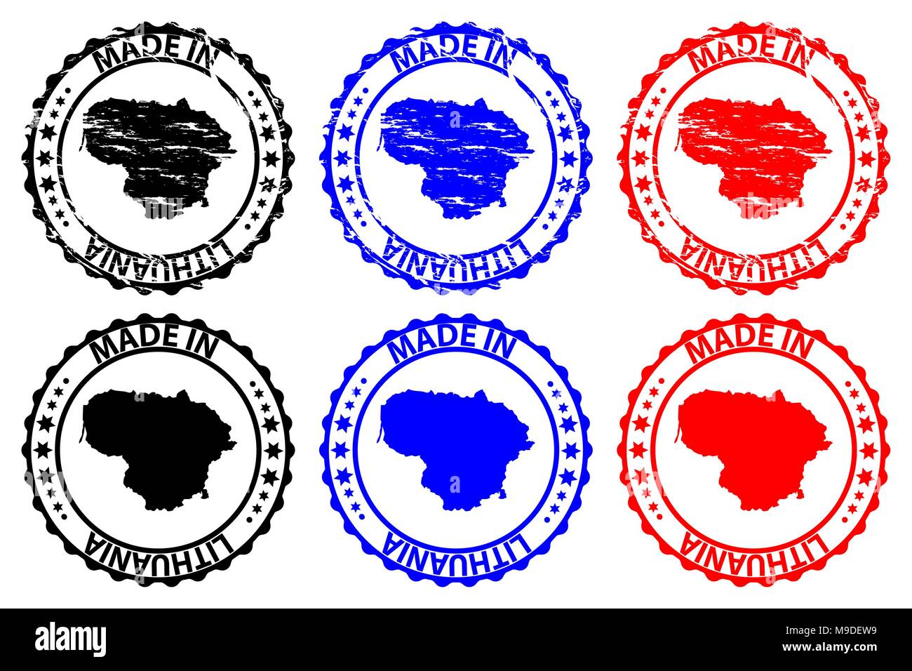 Made in Lithuania - rubber stamp - vector, Lithuania map pattern - black, blue and red Stock Vector