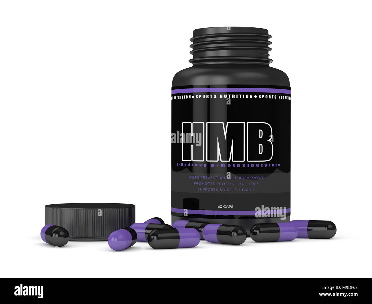 3d render of HMB bottle with pills isolated over white background. Sport supplement concept. Stock Photo
