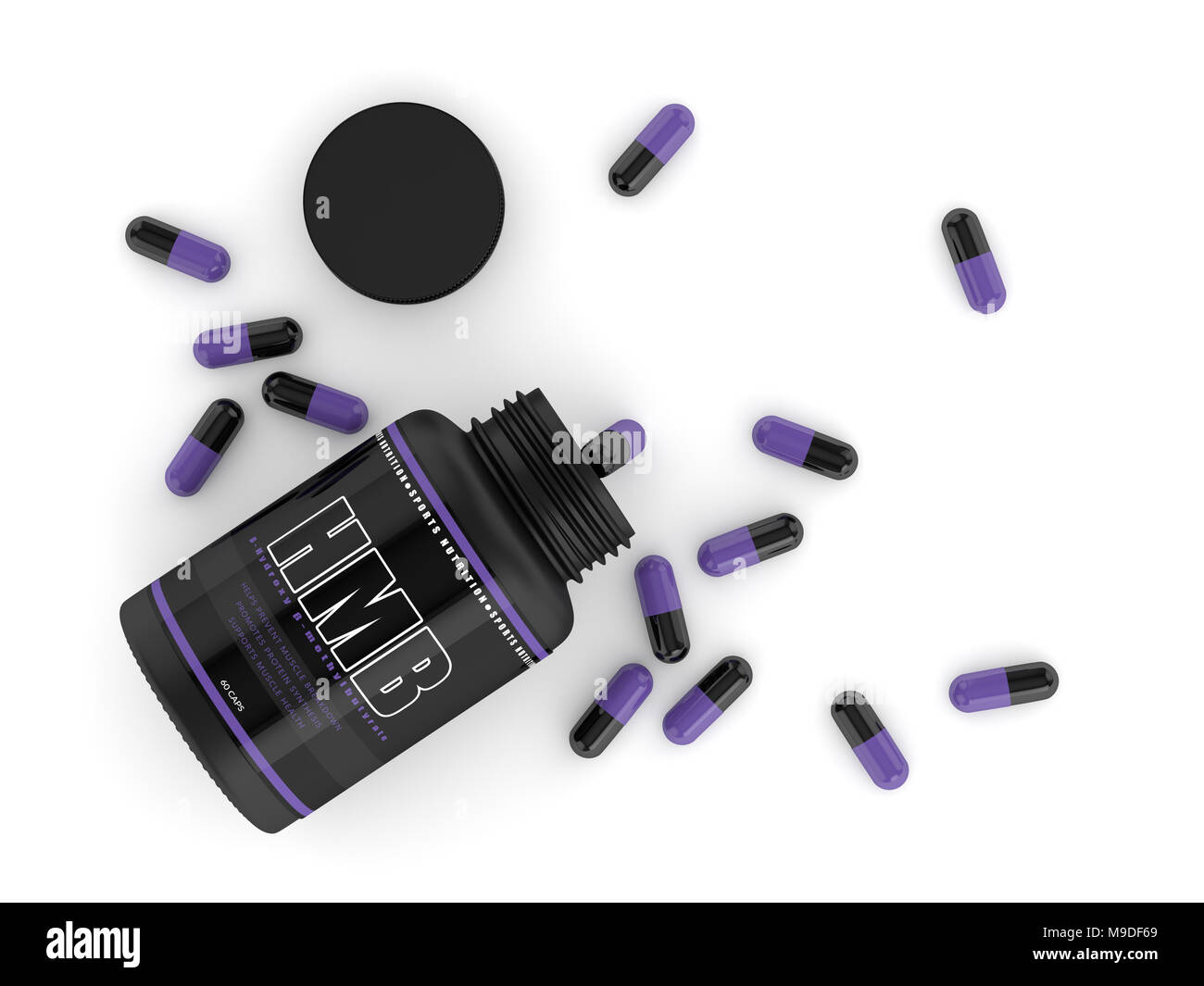 3d render of HMB bottle with pills isolated over white background. Sport supplement concept. Stock Photo
