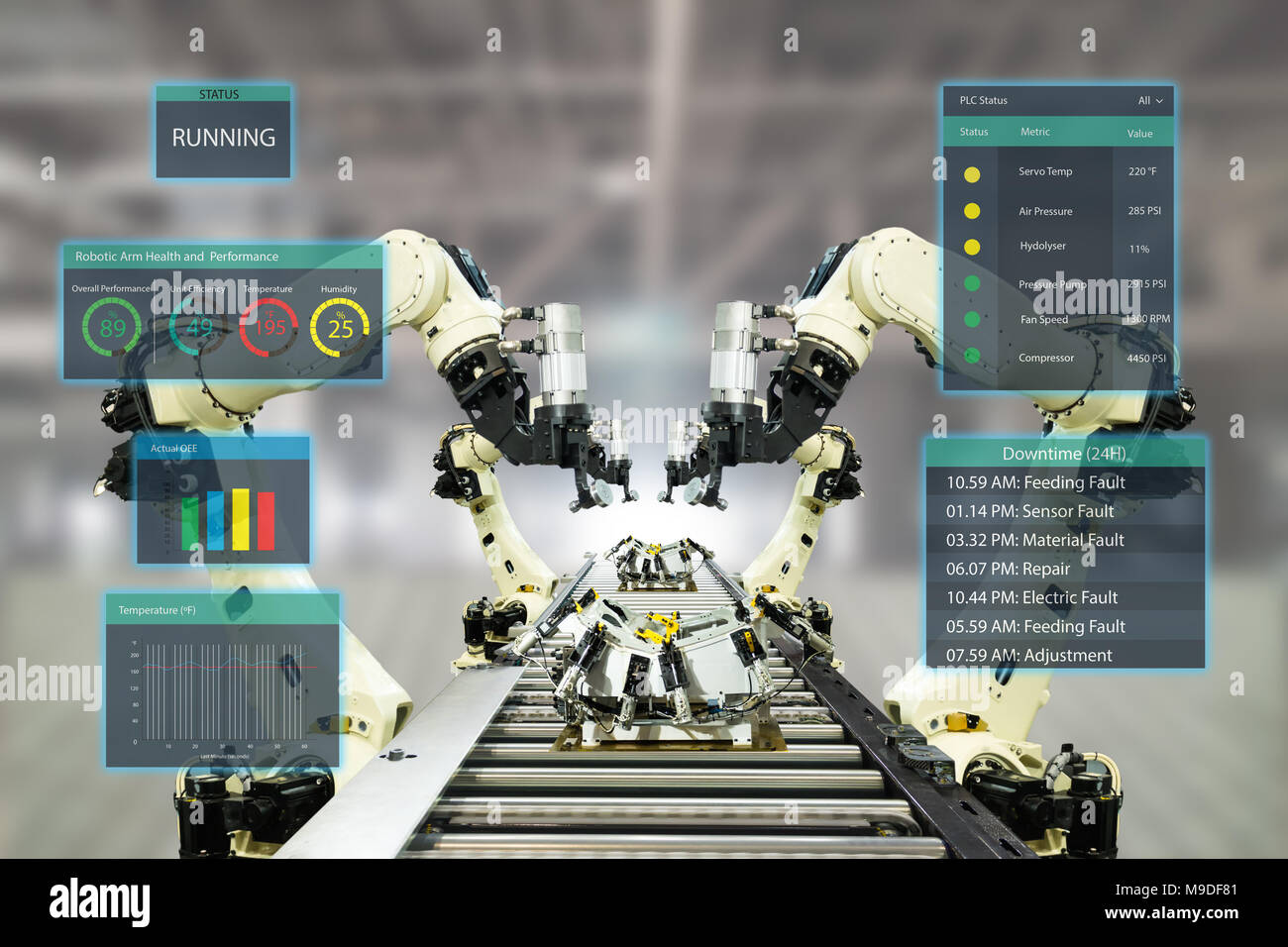 iot industry 4.0 concept.Smart factory using automation robotic arms with augmented mixed virtual reality technology to show data with artificial inte Stock Photo