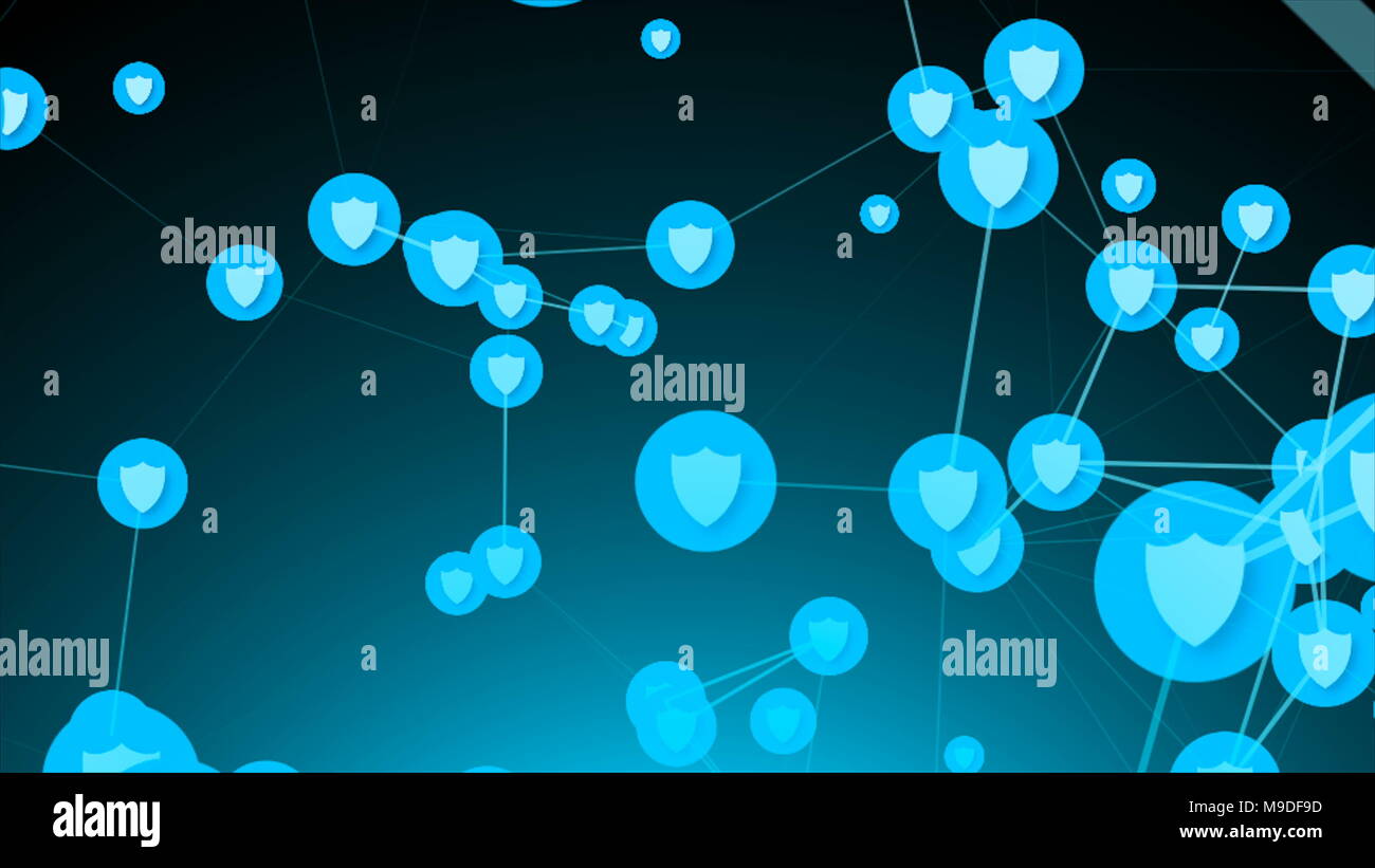 Connection of shields, symbol of safety network, 3D render ...