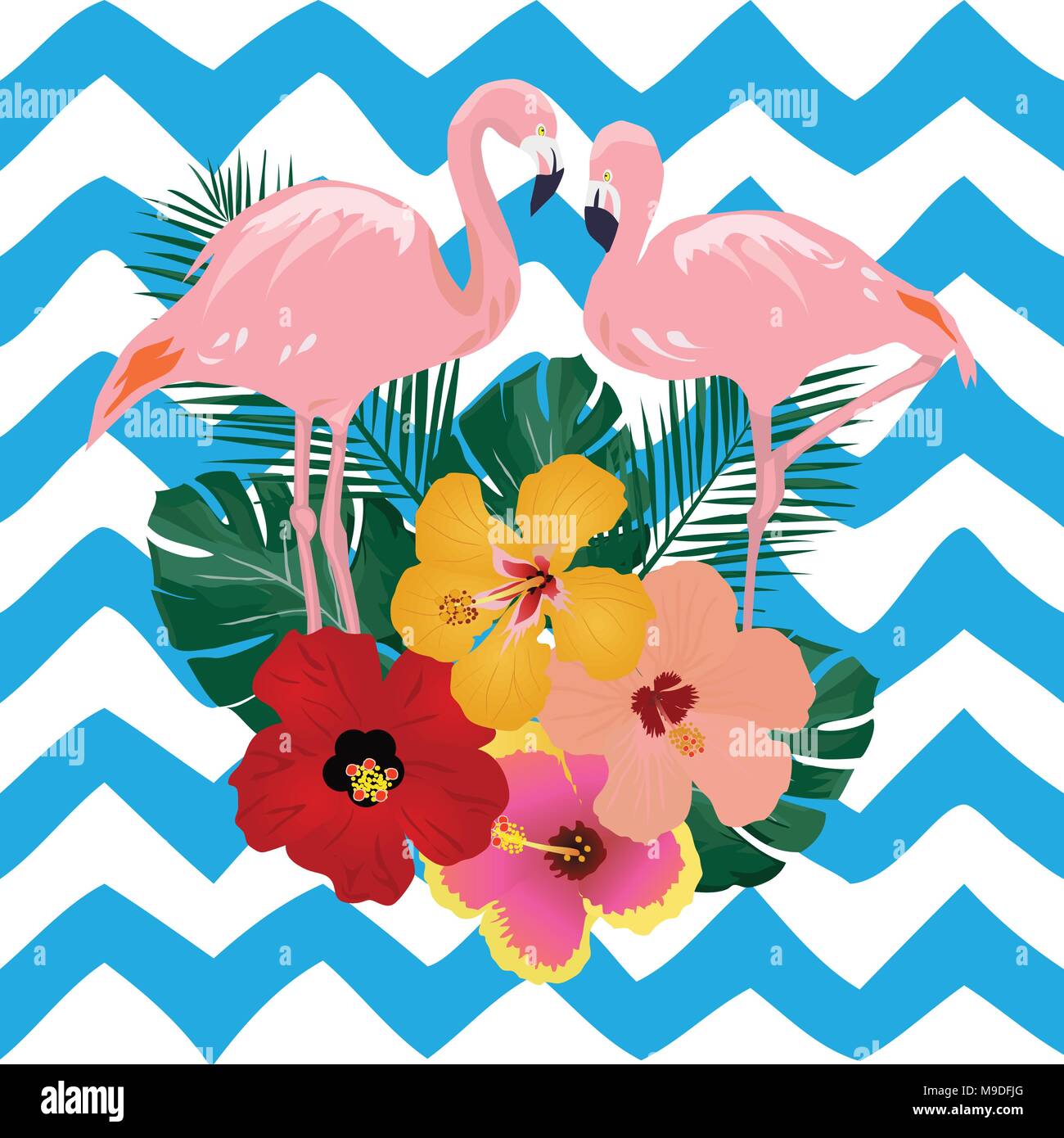 vector illustration of pink flamingos, tropical flowers on zigzag ...