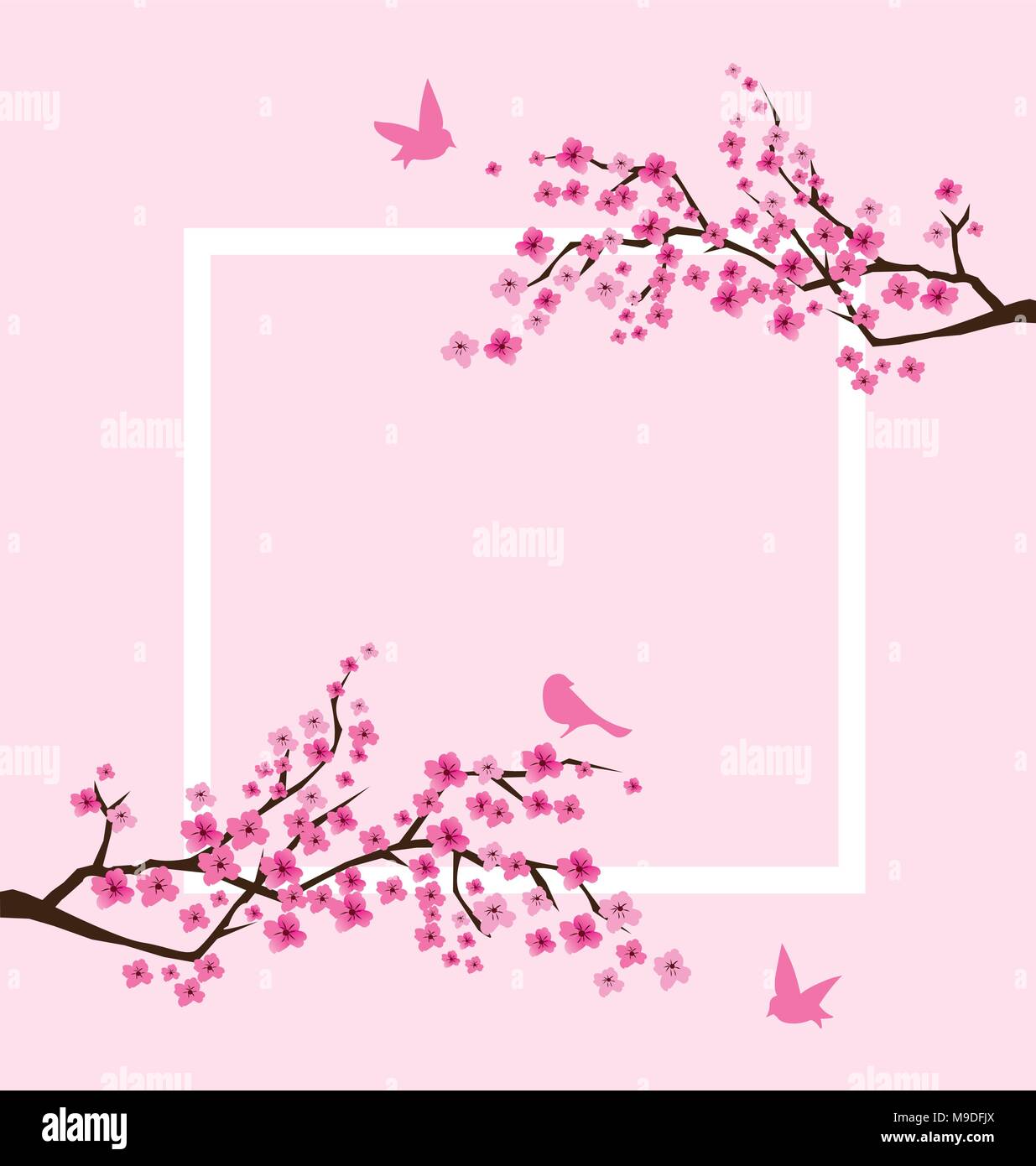 vector illustration of cherry blossom frame with pink birds Stock Vector