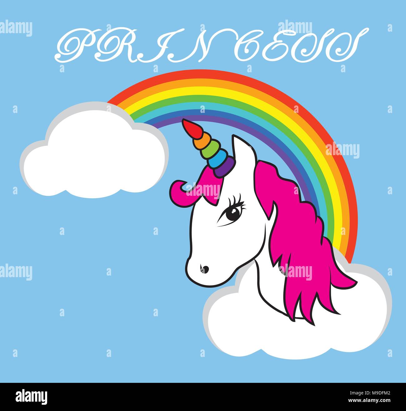 vector illustration of unicorn princess in the clouds with rainbow ...