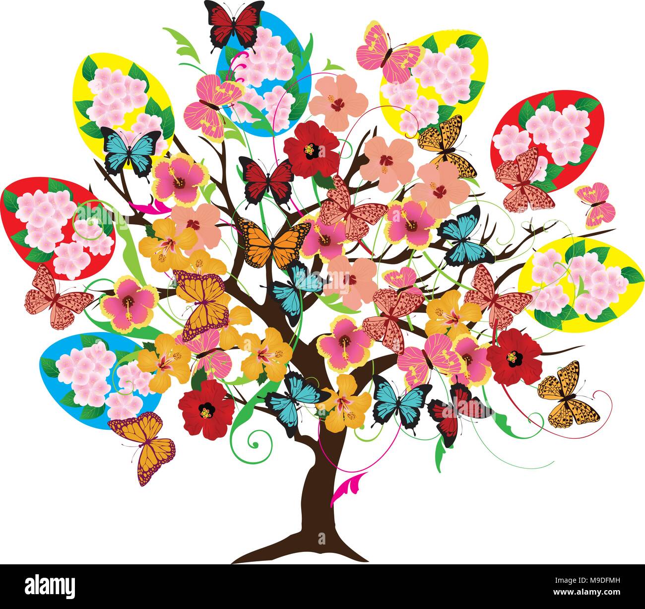vector illustration of Easter tree with flowers, eggs, butterflies ...