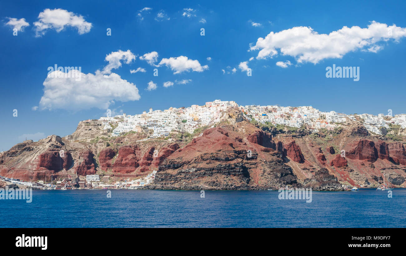 Santorini, Cyclades Islands, Greece. View from the see of Oia village and Amoudi harbour in Thira island Stock Photo