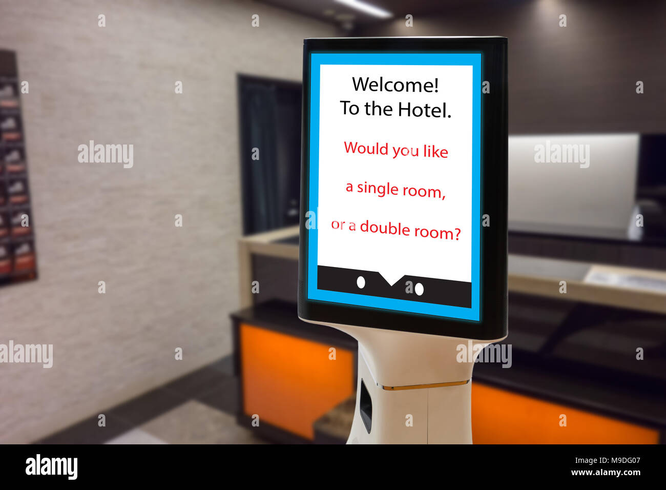 robot in hotel concept, robotic butler help the customer to booking the room, put the object, food, accessories inside it. Stock Photo