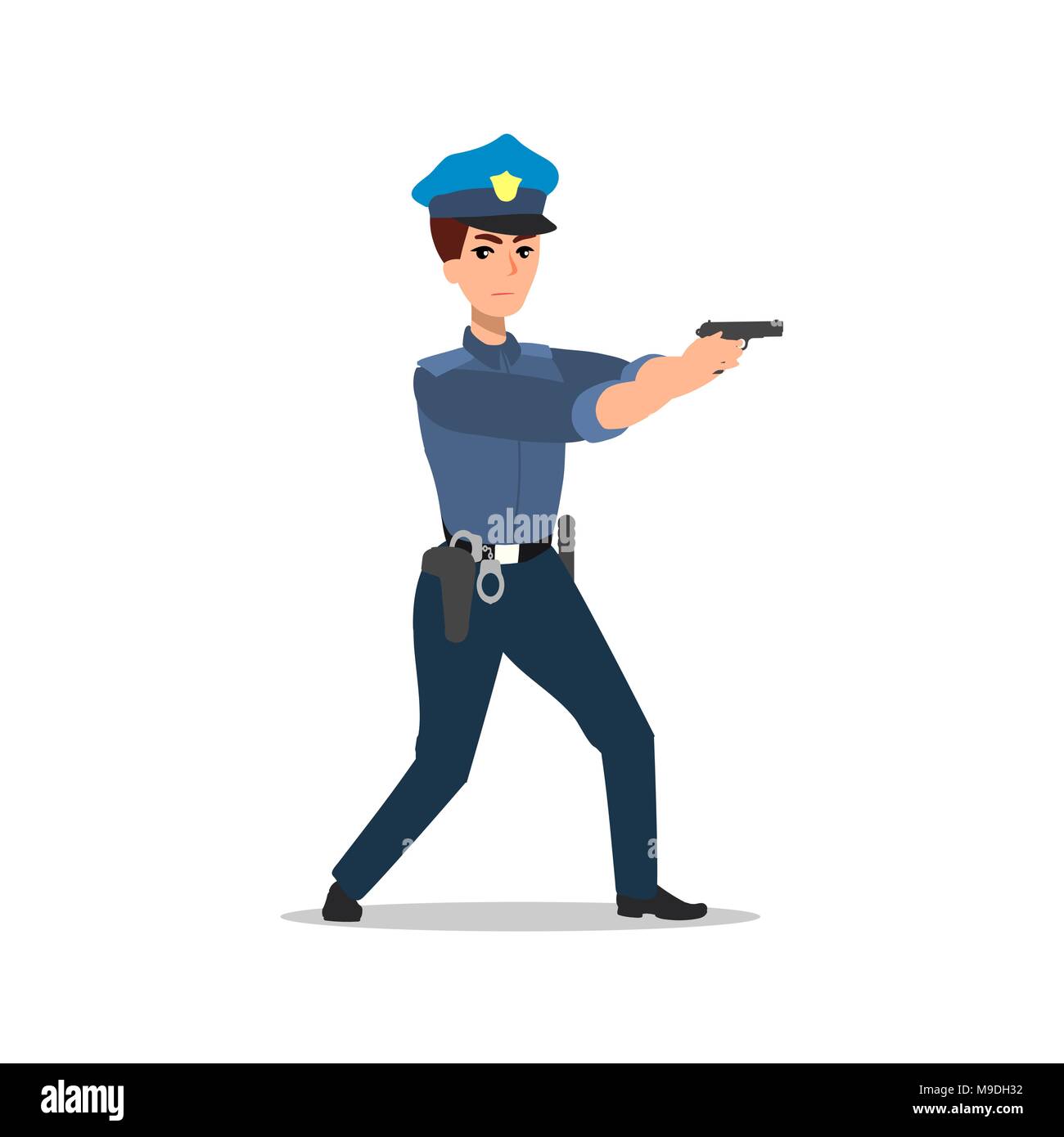Policeman character set. Full length officer, different views, emotions, gestures, professional tools and attributes. Stock Vector