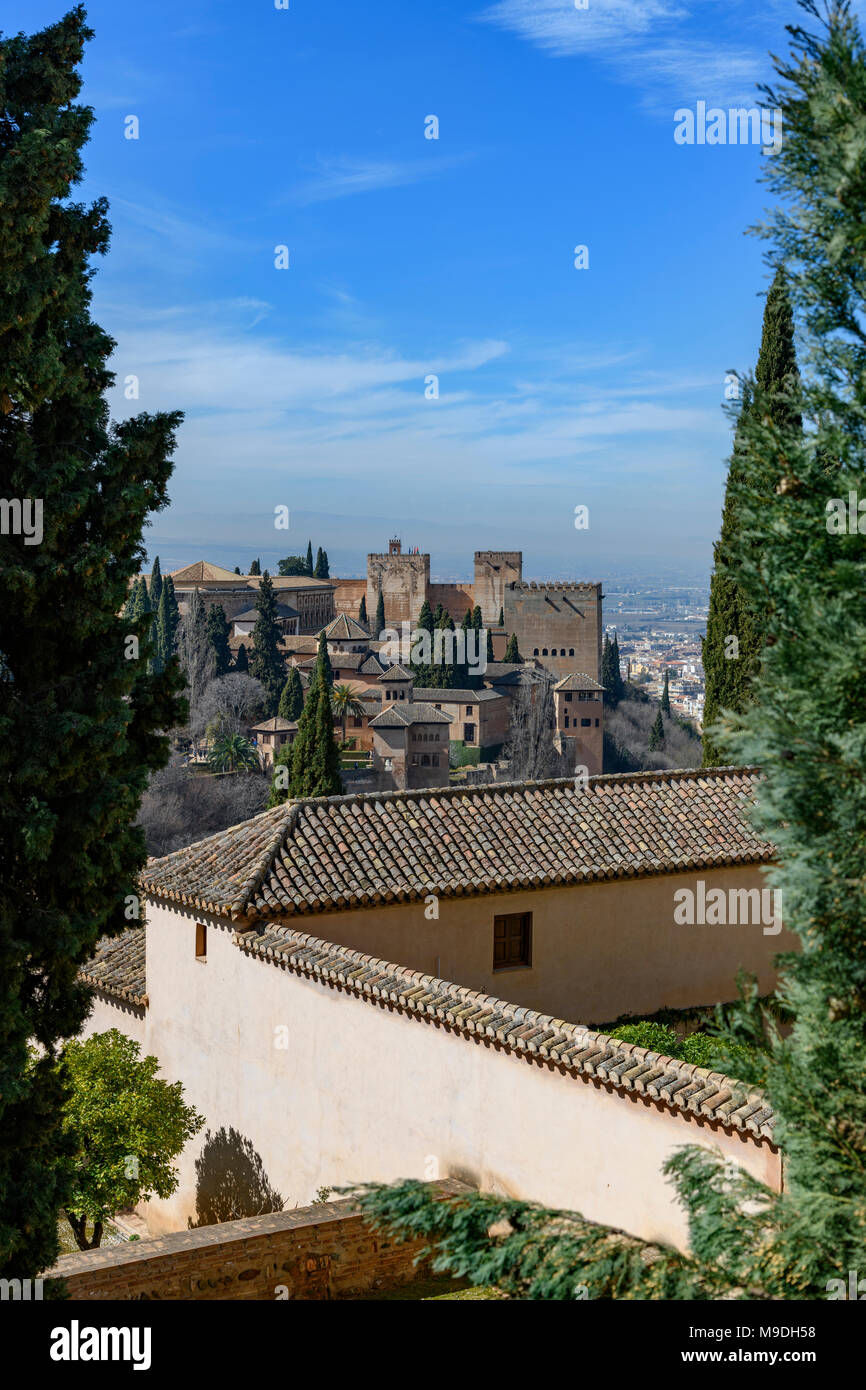Partial view of La Alhambra from the gardens area Stock Photo