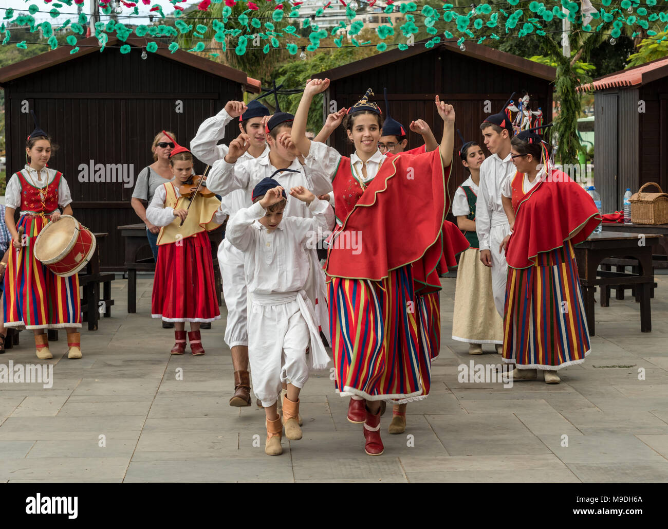 Dancers in traditional costume performing a Madeiran folk dance Stock Photo
