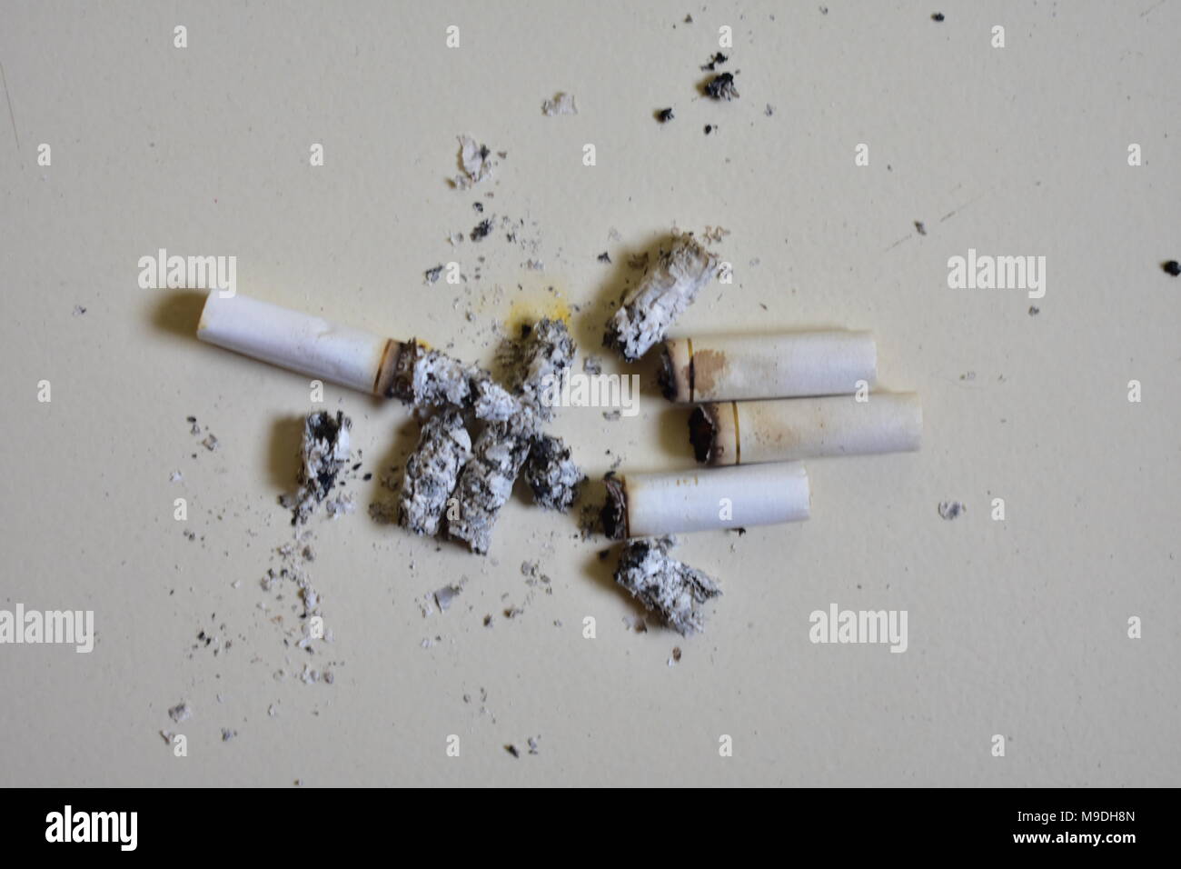 piece of tobacco A lot of cigarette piece with ash after smoking shattered on the floor  Stock Photo