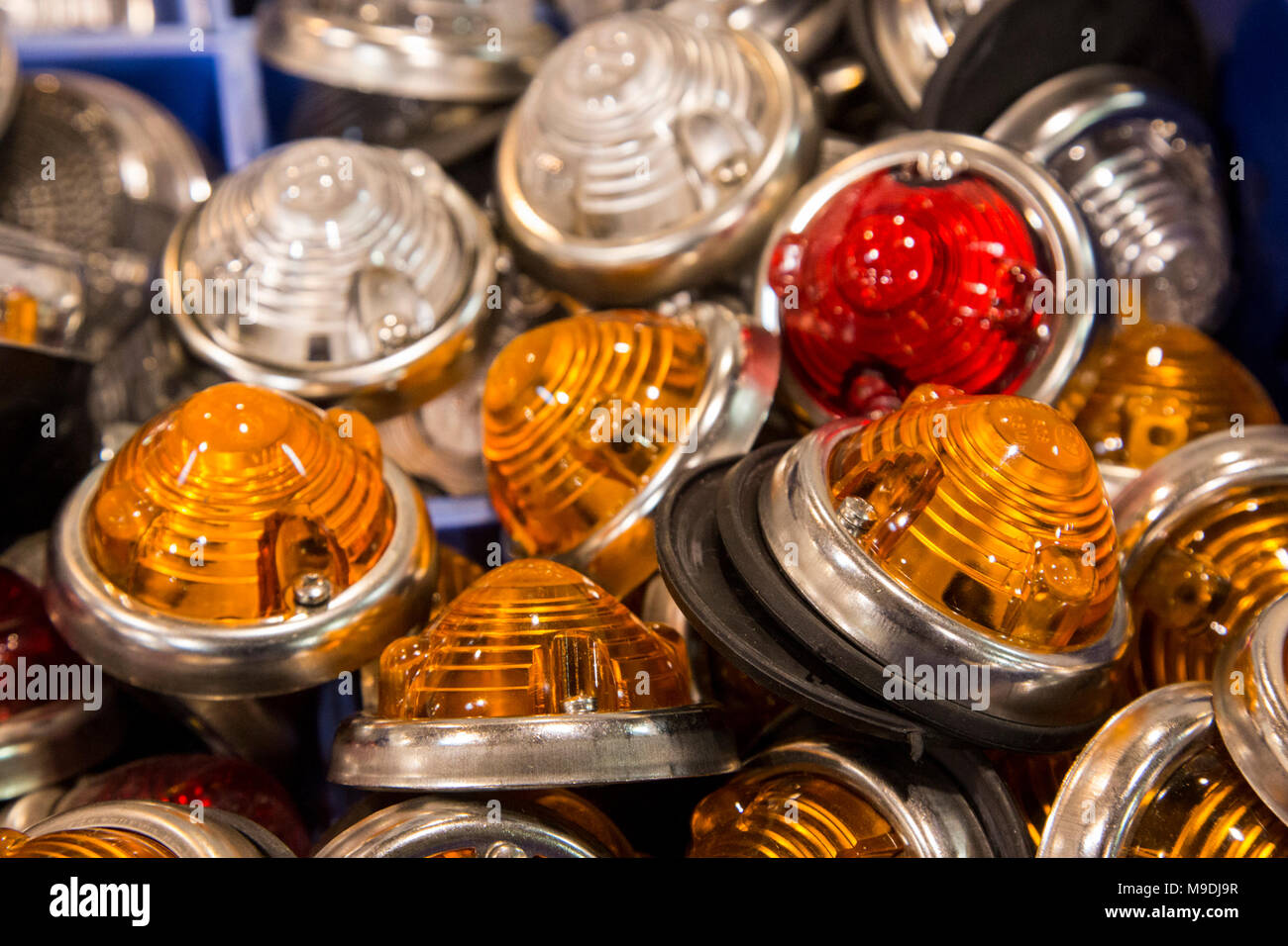 Spare parts, indicators and lights. Techno-Classica Essen is the world leading automobile show for classic and vintage cars and collectible automobiles. In 2018, the motor show attracted over 185,000 visitors. More than 1,250 exhibitors from over 30 countries take part. Stock Photo