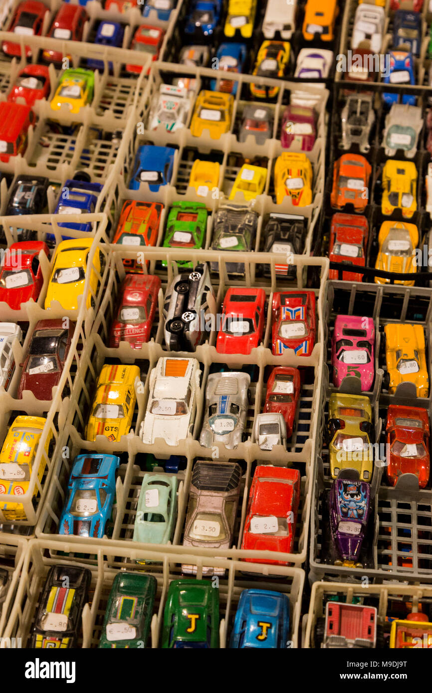 Toy cars. Techno-Classica Essen is the world leading automobile show for classic and vintage cars and collectible automobiles. In 2018, the motor show attracted over 185,000 visitors. More than 1,250 exhibitors from over 30 countries take part. Stock Photo