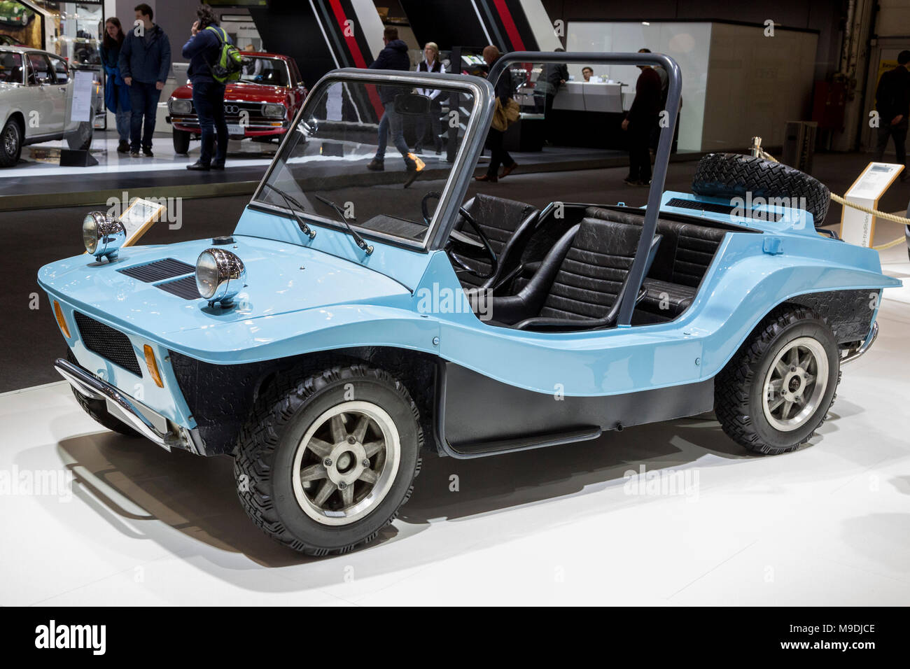 Light blue Skoda buggy. Techno-Classica Essen is the world leading automobile show for classic and vintage cars and collectible automobiles. In 2018, the motor show attracted over 185,000 visitors. More than 1,250 exhibitors from over 30 countries take part. Stock Photo
