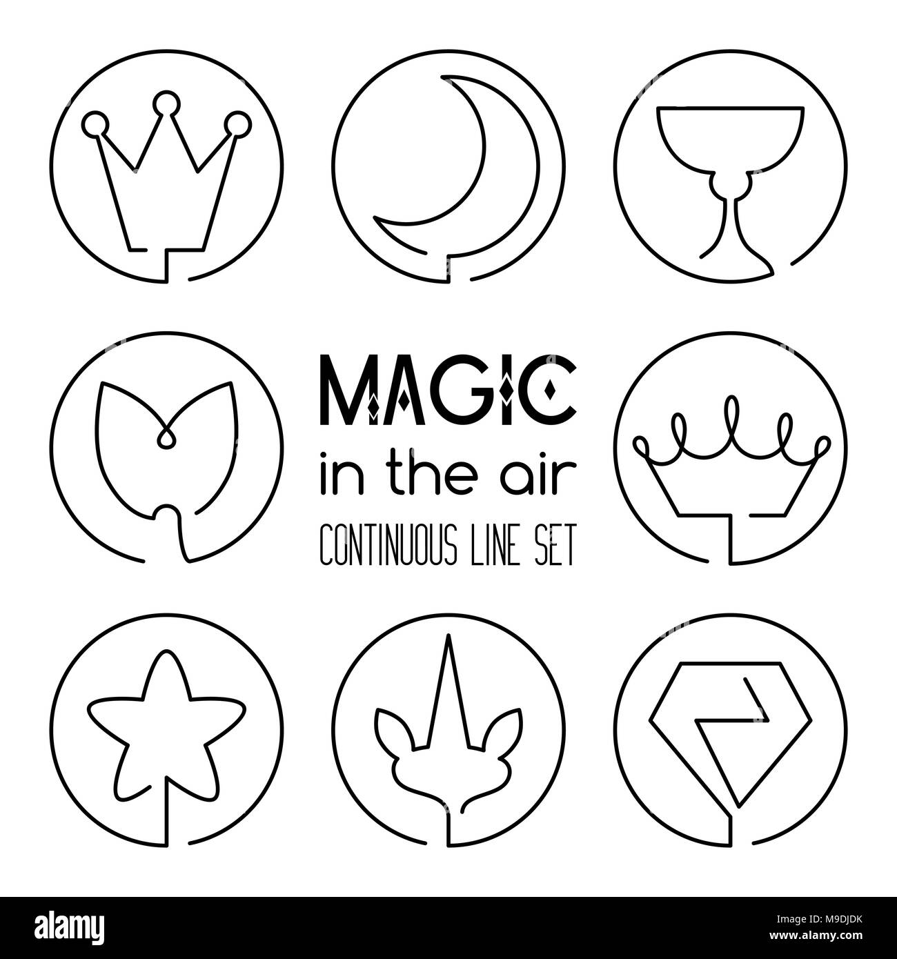 Set of magic fantasy continuous line art icons: crown, moon, holy grail, mermaid tail, star, unicorn horn, diamond Stock Vector