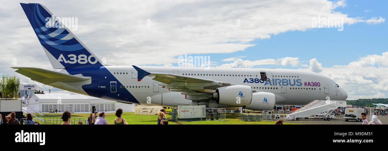 Farnborough Airshow 2016: an Airbus A380 on display Stock Photo