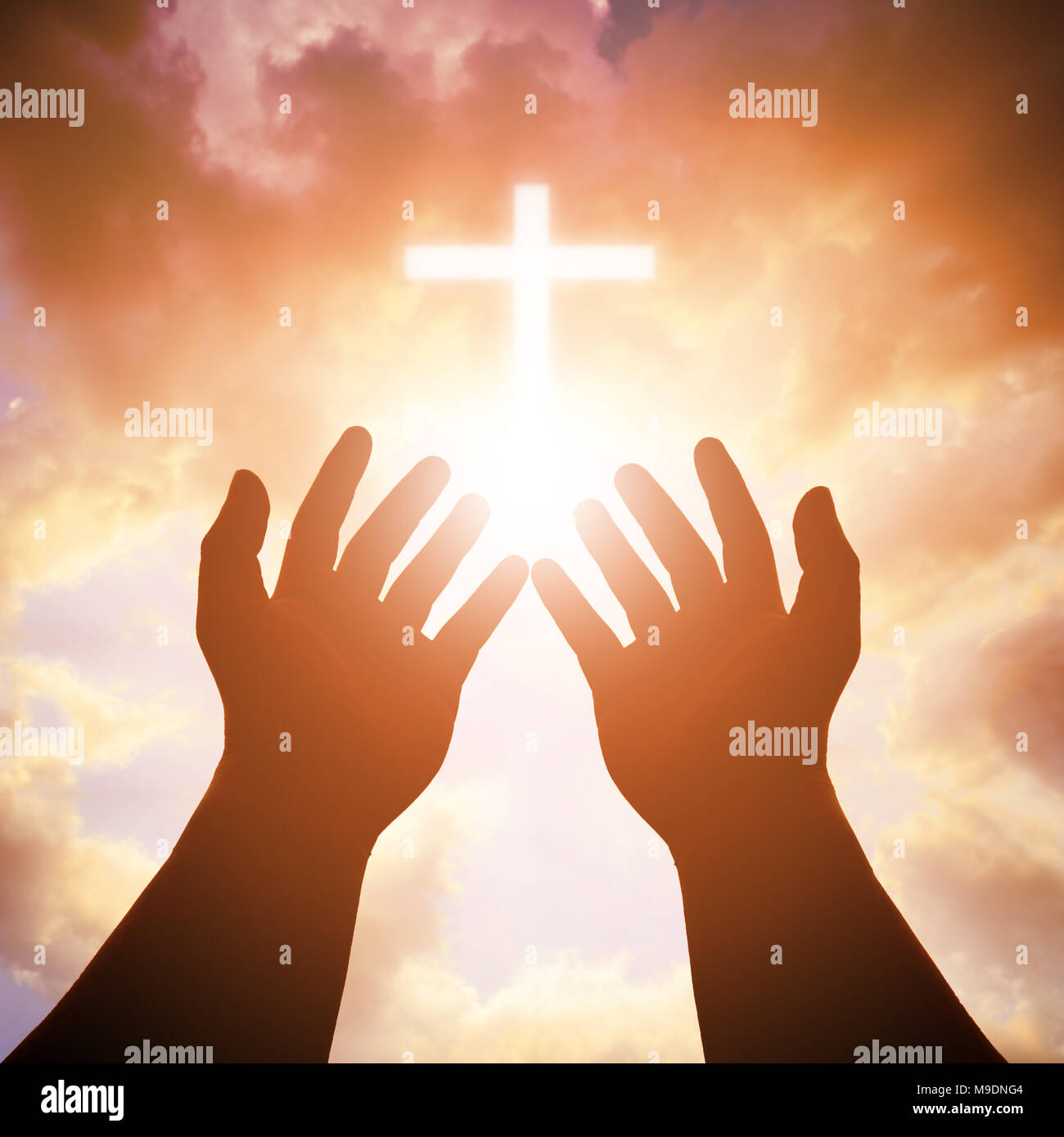 Christian man with open hands worship christian. Eucharist Therapy Bless God Helping Repent Catholic Easter Lent Mind Pray. Christian concept backgrou Stock Photo
