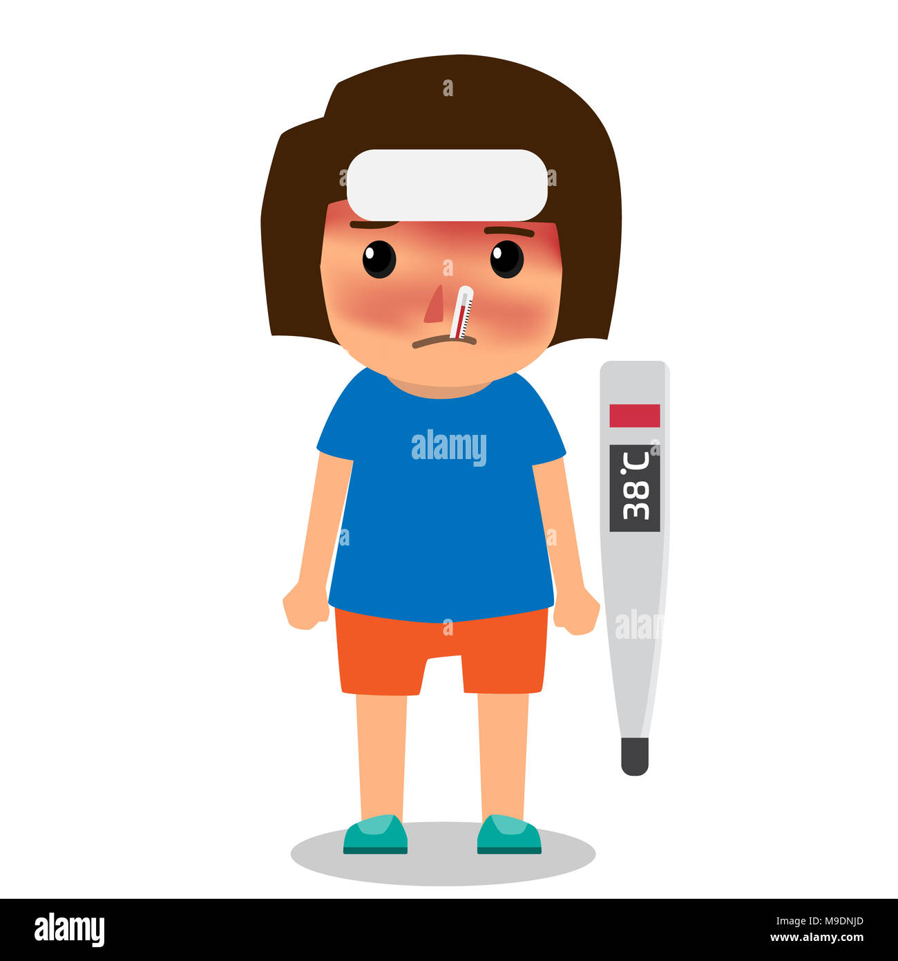 Flu cartoon illustration with a sick child character. with runny nose and a  thermometer in the mouth with a high fever. health care cartoon character  Stock Photo - Alamy