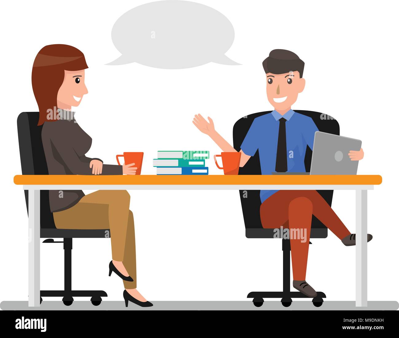 Business Man And Woman Talking Discussing, Businesspeople Chat Sitting in  office Communication. business cartoon character concept Vector  Illustration Stock Vector Image & Art - Alamy