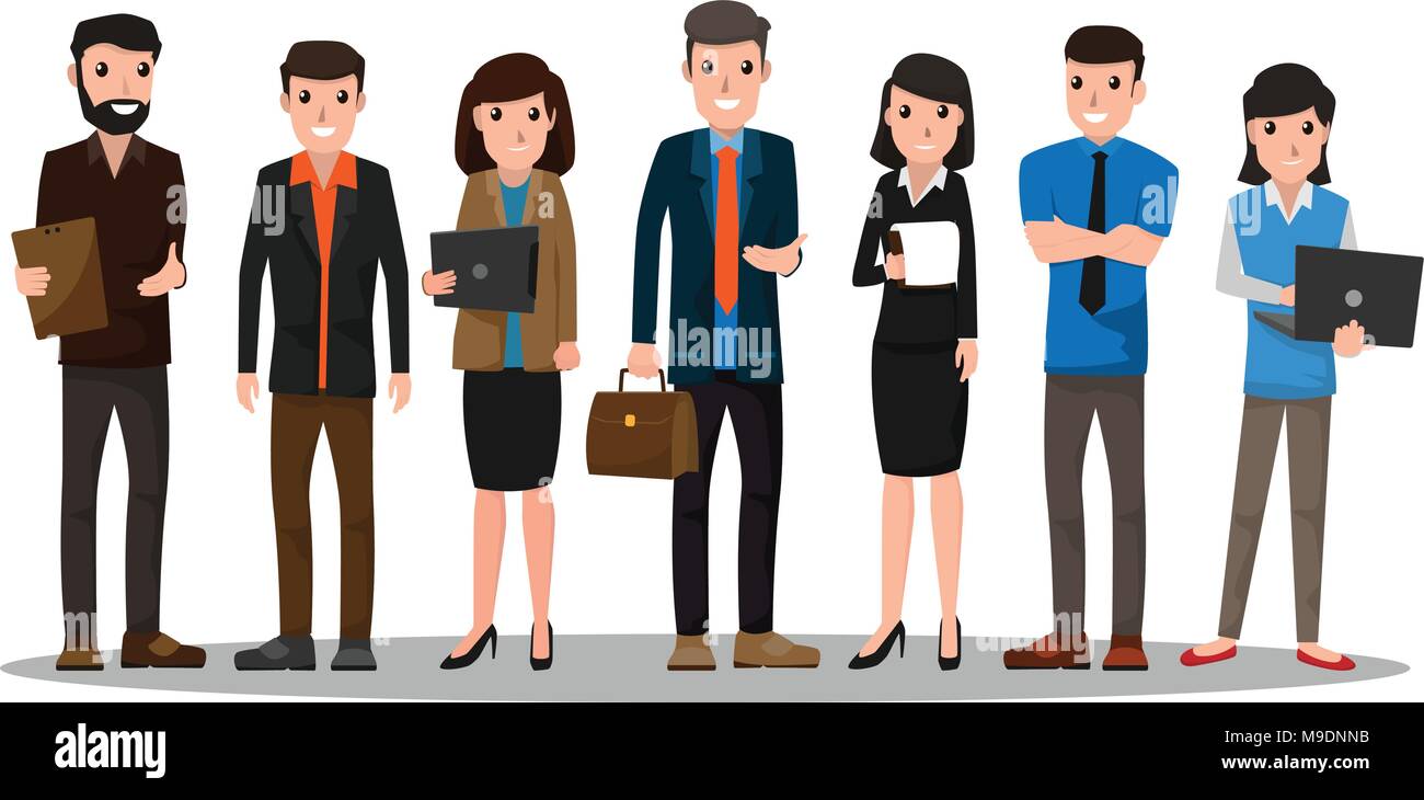 business people teamwork. Businessman and businesswoman in flat design people characters. People working in various pose vector illustration. Boss, Ma Stock Vector
