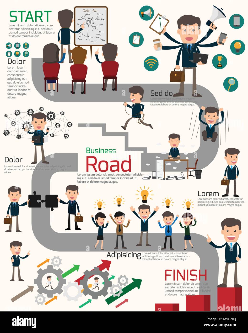 business roadmap with workstation infographics. business people show  activities on roadmap. cartoon vector illustration. Leadership, partner and  teamw Stock Vector Image & Art - Alamy