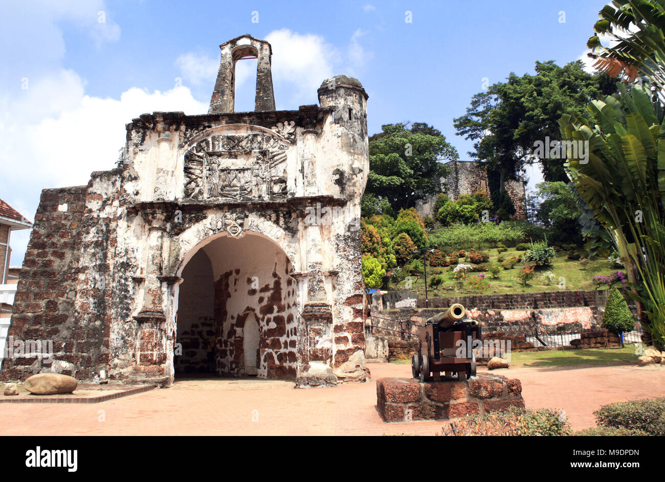 Ruins of Kota A Famosa - portuguese fortress in Malacca, Malaysia. UNESCO world heritage site Stock Photo