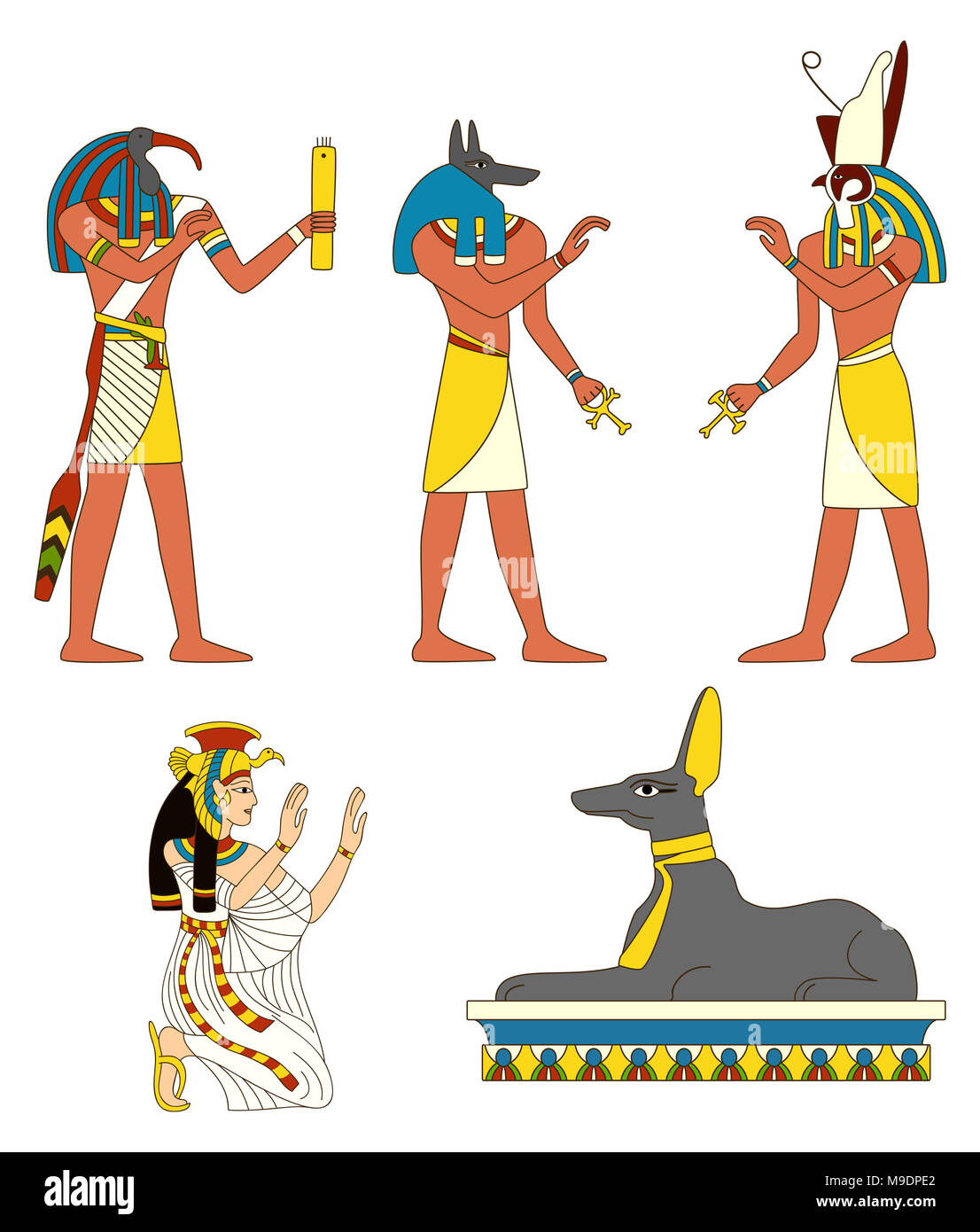 Collection of ancient Egyptian gods images, Thoth, Horus, Isis, Anubis, Anubis in the form of a jackal. EPS8 Stock Photo