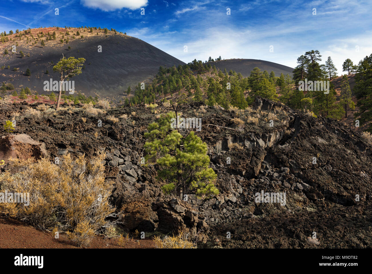 Collapsed Lava Tube & Colorful Cinder Cones, Sunset Crater National Monument, AZ Stock Photo