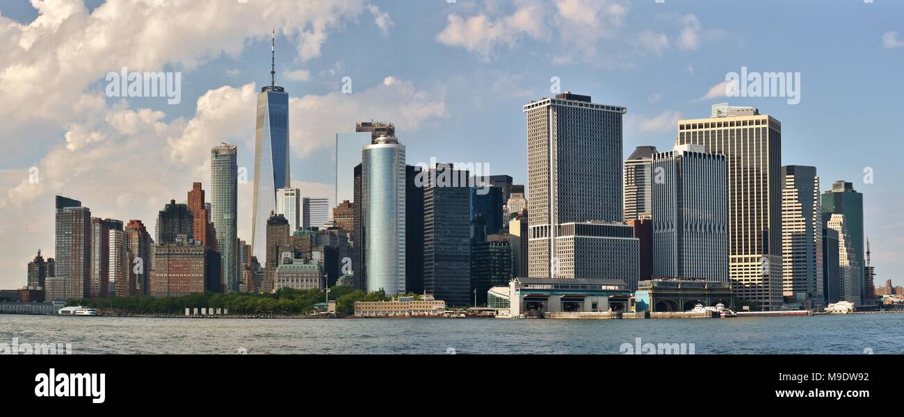 The skyline of downtown New York City and the Financial District from New York Harbor. Stock Photo