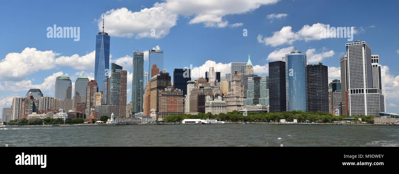 The skyline of downtown New York City and the Financial District from New York Harbor. Stock Photo