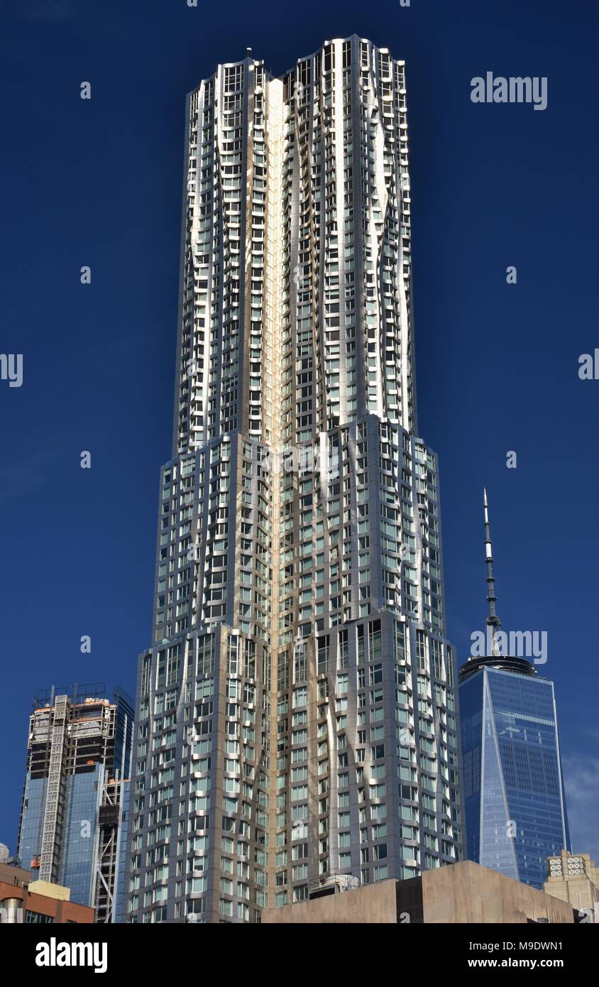 The skyscraper known as 8 Spruce Street (originally known as Beekman Tower) designed by Frank Gehry in downtown Manhattan. Stock Photo