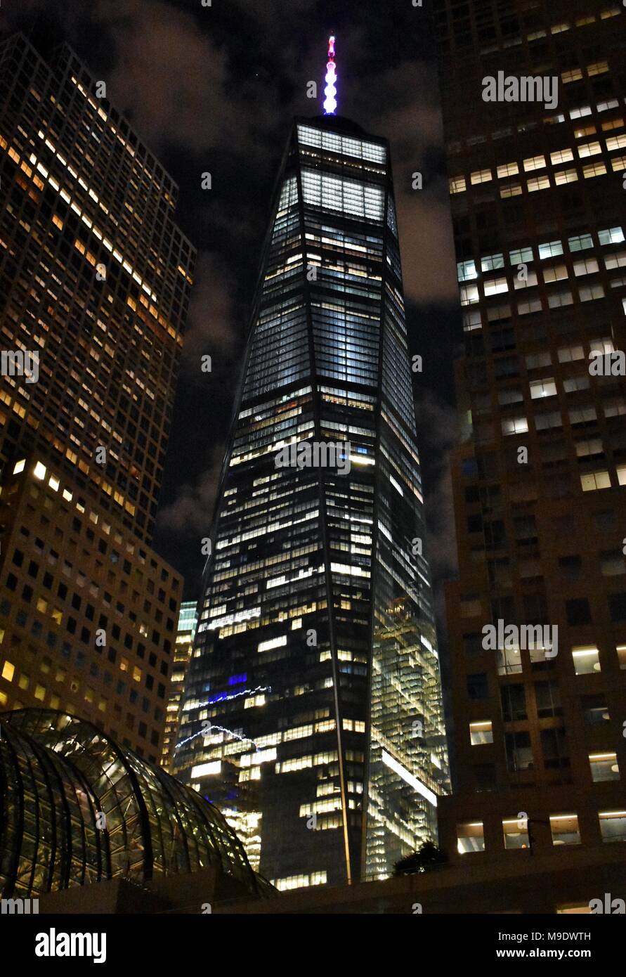 The Freedom Tower (One World Trade Center) at Ground Zero in downtown Manhattan at night. Stock Photo