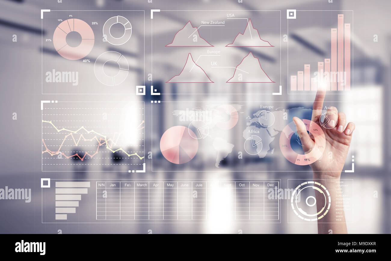 Hand of woman working with media interface on screen and office ...