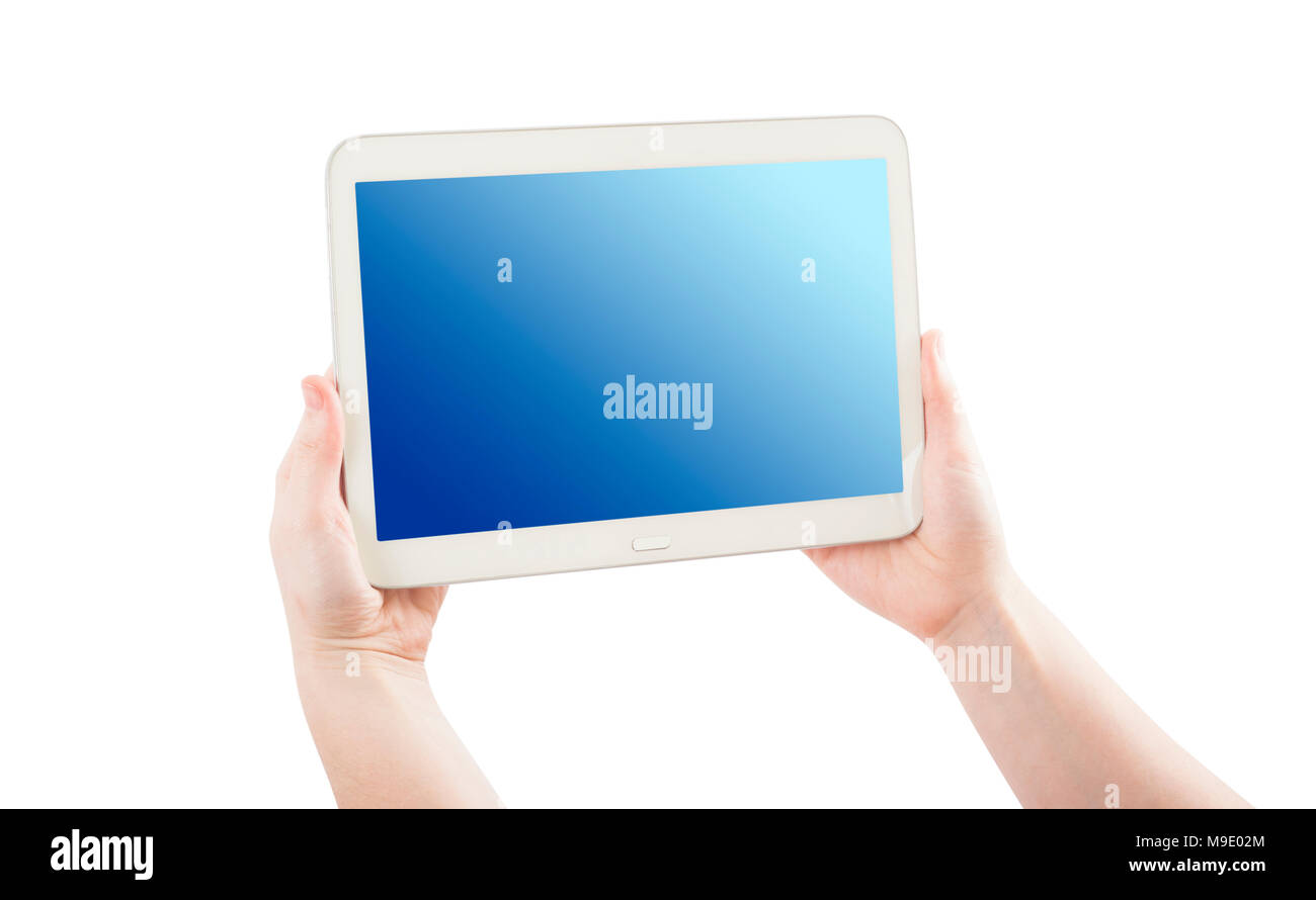 hands holding pc tablet isolated on white. blue screen Stock Photo - Alamy